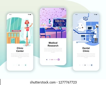 Set von Onboarding Screens User Interface Kit for Medicine, Research, Dental Clinic, Mobile App Templates Konzept. Modernes UX, UI-Bildschirm für mobile oder reaktionsfähige Web-Site. Vektorgrafik.