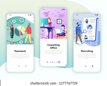 Set of onboarding screens user interface kit for Teamwork, Coworking Office, Recruiting, mobile app templates concept. Modern UX, UI screen for mobile or responsive web site. Vector illustration.