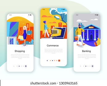 Conjunto de kits de interfaz de usuario de pantallas de internado para el concepto de compras, comercio electrónico, banca, plantillas de aplicaciones móviles. Modern UX, pantalla de interfaz de usuario para un sitio web móvil o sensible. Ilustración vectorial.