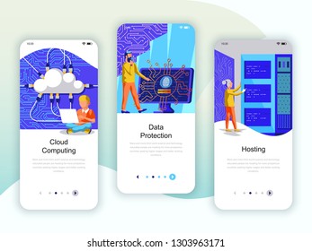 Set of onboarding screens user interface kit for Cloud Computing, Protection, Hosting, mobile app templates concept. Modern UX, UI screen for mobile or responsive web site. Vector illustration.