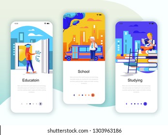 Set of onboarding screens user interface kit for Education, School, Studying, mobile app templates concept. Modern UX, UI screen for mobile or responsive web site. Vector illustration.