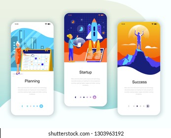 Set of onboarding screens user interface kit for Planning, Startup, Success, mobile app templates concept. Modern UX, UI screen for mobile or responsive web site. Vector illustration.