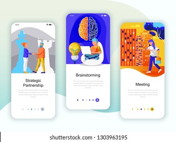 Set of onboarding screens user interface kit for Partnership, Brainstorming, Meeting, mobile app templates concept. Modern UX, UI screen for mobile or responsive web site. Vector illustration.