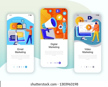 Set of onboarding screens user interface kit for Video, Email, Digital Marketing, mobile app templates concept. Modern UX, UI screen for mobile or responsive web site. Vector illustration.