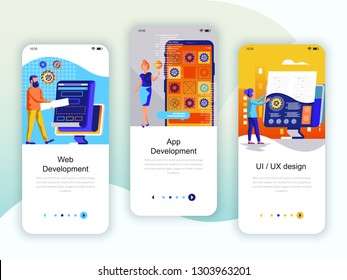 Set of onboarding screens user interface kit for Web and App Development, UI / UX Design, mobile app templates concept. Modern UX, UI screen for mobile or responsive web site. Vector illustration.