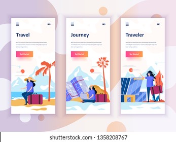 Set Of Onboarding Screens User Interface Kit For Travel, Journey, Traveler, Mobile App Templates Concept. Modern UX, UI Screen For Mobile Or Responsive Web Site. Vector Illustration.