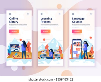 Set of onboarding screens user interface kit for Library, Learning, Language Courses, mobile app templates concept. Modern UX, UI screen for mobile or responsive web site. Vector illustration.