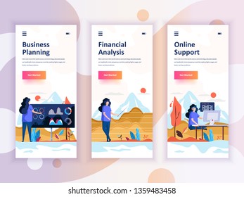 Set of onboarding screens user interface kit for Planning, Financial Analysis, Support, mobile app templates concept. Modern UX, UI screen for mobile or responsive web site. Vector illustration.