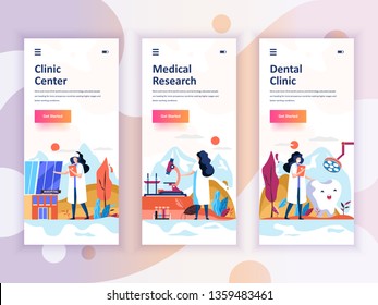 Set of onboarding screens user interface kit for Medicine, Research, Dental Clinic, mobile app templates concept. Modern UX, UI screen for mobile or responsive web site. Vector illustration.