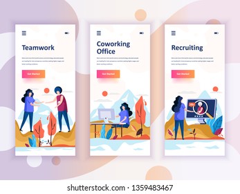 Set of onboarding screens user interface kit for Teamwork, Coworking Office, Recruiting, mobile app templates concept. Modern UX, UI screen for mobile or responsive web site. Vector illustration.