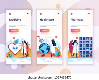 Set of onboarding screens user interface kit for Medicine, Healthcare, Pharmacy, mobile app templates concept. Modern UX, UI screen for mobile or responsive web site. Vector illustration.