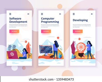 Set of onboarding screens user interface kit for Development, Programming, Developing, mobile app templates concept. Modern UX, UI screen for mobile or responsive web site. Vector illustration.