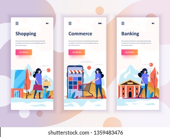 Set of onboarding screens user interface kit for Shopping, E-commerce, Banking, mobile app templates concept. Modern UX, UI screen for mobile or responsive web site. Vector illustration.