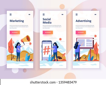 Set of onboarding screens user interface kit for Marketing, Social Media, Advertising, mobile app templates concept. Modern UX, UI screen for mobile or responsive web site. Vector illustration.