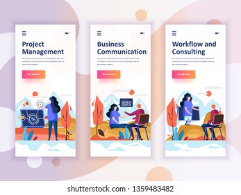 Set of onboarding screens user interface kit for Management, Communication, Workflow, mobile app templates concept. Modern UX, UI screen for mobile or responsive web site. Vector illustration.
