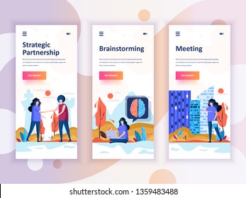 Set of onboarding screens user interface kit for Partnership, Brainstorming, Meeting, mobile app templates concept. Modern UX, UI screen for mobile or responsive web site. Vector illustration.