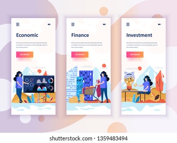Set of onboarding screens user interface kit for Economics, Finance, Investment, mobile app templates concept. Modern UX, UI screen for mobile or responsive web site. Vector illustration.