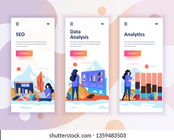 Set of onboarding screens user interface kit for SEO, Data Analysis, Analytics, mobile app templates concept. Modern UX, UI screen for mobile or responsive web site. Vector illustration.