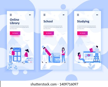 Set of onboarding screens user interface kit for Education, School, Studying, mobile app templates concept. Modern UX, UI screen for mobile or responsive web site. Vector illustration.
