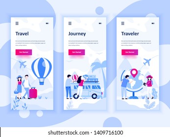 Set Of Onboarding Screens User Interface Kit For Travel, Journey, Traveler, Mobile App Templates Concept. Modern UX, UI Screen For Mobile Or Responsive Web Site. Vector Illustration.