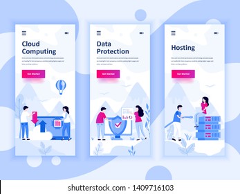 Set of onboarding screens user interface kit for Cloud Computing, Protection, Hosting, mobile app templates concept. Modern UX, UI screen for mobile or responsive web site. Vector illustration.