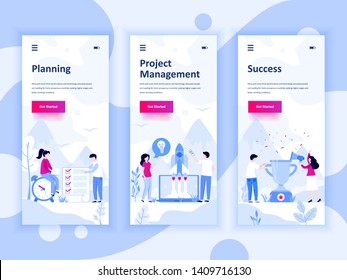 Set of onboarding screens user interface kit for Planning, Startup, Success, mobile app templates concept. Modern UX, UI screen for mobile or responsive web site. Vector illustration.