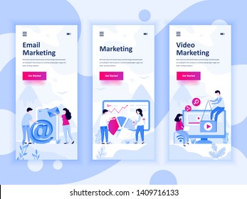 Set of onboarding screens user interface kit for Video, Email, Digital Marketing, mobile app templates concept. Modern UX, UI screen for mobile or responsive web site. Vector illustration.