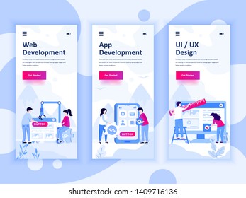 Set of onboarding screens user interface kit for Web and App Development, UI / UX Design, mobile app templates concept. Modern UX, UI screen for mobile or responsive web site. Vector illustration.