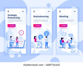 Set of onboarding screens user interface kit for Partnership, Brainstorming, Meeting, mobile app templates concept. Modern UX, UI screen for mobile or responsive web site. Vector illustration.