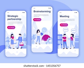 Set of onboarding screens user interface kit for Partnership, Brainstorming, Meeting, mobile app templates concept. Modern UX, UI screen for mobile or responsive web site. Vector illustration.