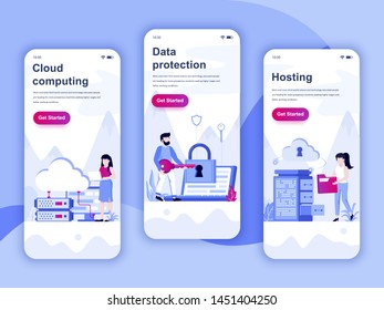 Set of onboarding screens user interface kit for Cloud Computing, Protection, Hosting, mobile app templates concept. Modern UX, UI screen for mobile or responsive web site. Vector illustration.