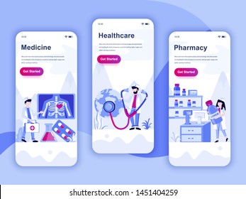 Set of onboarding screens user interface kit for Medicine, Healthcare, Pharmacy, mobile app templates concept. Modern UX, UI screen for mobile or responsive web site. Vector illustration.