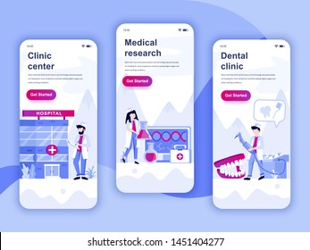 Set of onboarding screens user interface kit for Medicine, Research, Dental Clinic, mobile app templates concept. Modern UX, UI screen for mobile or responsive web site. Vector illustration.