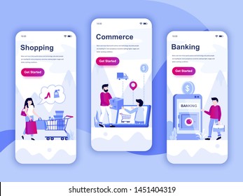 Set of onboarding screens user interface kit for Shopping, E-commerce, Banking, mobile app templates concept. Modern UX, UI screen for mobile or responsive web site. Vector illustration.
