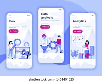 Set of onboarding screens user interface kit for SEO, Data Analysis, Analytics, mobile app templates concept. Modern UX, UI screen for mobile or responsive web site. Vector illustration.