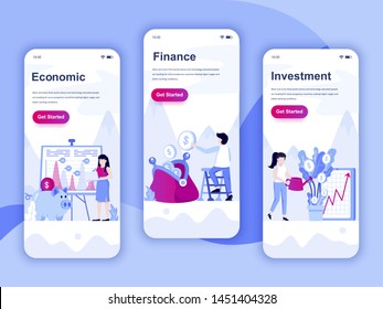 Set of onboarding screens user interface kit for Economics, Finance, Investment, mobile app templates concept. Modern UX, UI screen for mobile or responsive web site. Vector illustration.