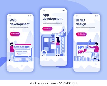 Set of onboarding screens user interface kit for Web and App Development, UI / UX Design, mobile app templates concept. Modern UX, UI screen for mobile or responsive web site. Vector illustration.