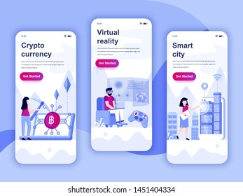Set of onboarding screens user interface kit for Cryptocurrency, Smart City, Virtual Reality, mobile app templates concept. Modern UX, UI screen for mobile or responsive web site. Vector illustration.