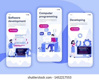 Set von Onboarding Screens Benutzerschnittstellen-Kit für das Konzept von Entwicklungs-, Programmierungs-, Entwicklungs- und mobilen App-Vorlagen. Modernes UX, UI-Bildschirm für mobile oder reaktionsfähige Web-Site. Vektorgrafik.