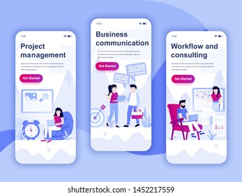 Set of onboarding screens user interface kit for Management, Communication, Workflow, mobile app templates concept. Modern UX, UI screen for mobile or responsive web site. Vector illustration.