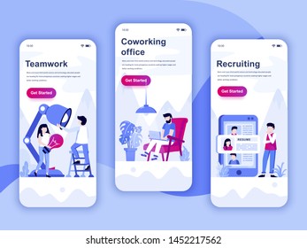 Set of onboarding screens user interface kit for Teamwork, Coworking Office, Recruiting, mobile app templates concept. Modern UX, UI screen for mobile or responsive web site. Vector illustration.
