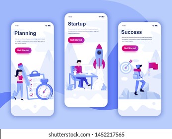 Set of onboarding screens user interface kit for Planning, Startup, Success, mobile app templates concept. Modern UX, UI screen for mobile or responsive web site. Vector illustration.