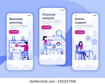 Set of onboarding screens user interface kit for Planning, Financial Analysis, Support, mobile app templates concept. Modern UX, UI screen for mobile or responsive web site. Vector illustration.