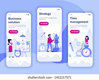 Set of onboarding screens user interface kit for Solution, Strategy, Time Management, mobile app templates concept. Modern UX, UI screen for mobile or responsive web site. Vector illustration.