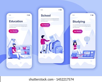 Set of onboarding screens user interface kit for Education, School, Studying, mobile app templates concept. Modern UX, UI screen for mobile or responsive web site. Vector illustration.