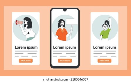 Set of onboarding screens user interface kit, mobile app templates concept with protesting woman. Modern UX, UI screen for mobile or responsive web site.