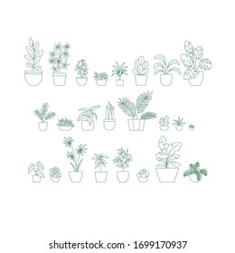 Set of one color line illustrations of different houseplants