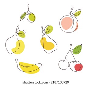 Set of one continuous line art fruits and berries - lemon, banana, pear, peach, cherries and olive. Vector illustration isolated on white background