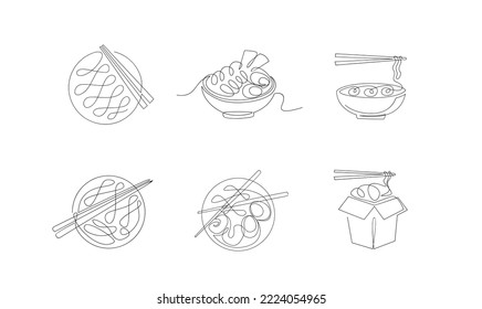 set One continuous line drawing Japanese spicy noodles banner logo flyer Fast food cafe shop logotype template concept Modern single line draw design vector illustration