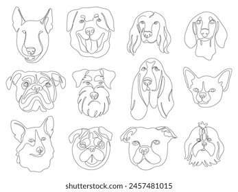 Set of one continuous line drawing dog breed portrait icons. Vector Images of schnauzer, dachshund, bulldog, beagle, pug, corgi, bull terrier. Single line minimal style cute puppy black linear sketch